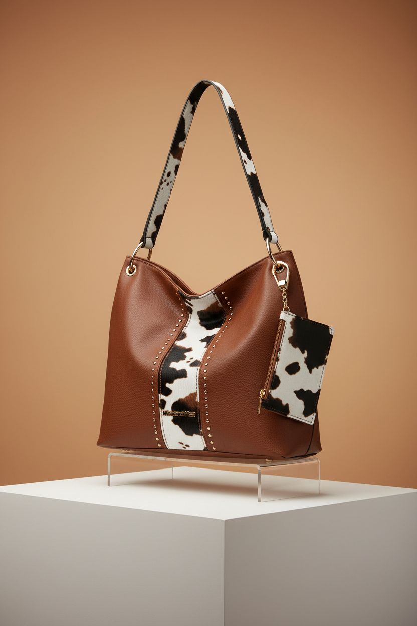 Montana West cowhide hobo purse showcased on a minimal backdrop, highlighting details