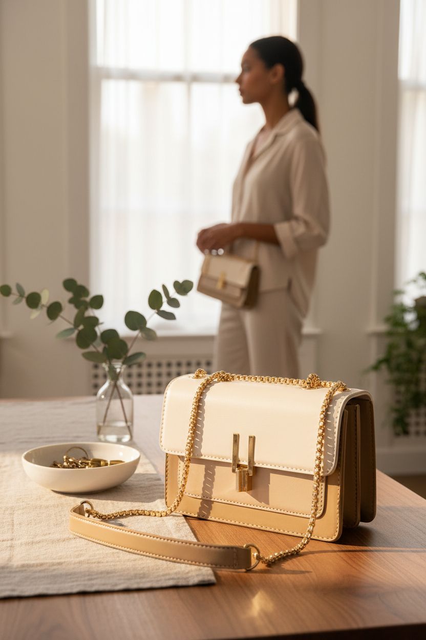 Cream-and-beige crossbody bag by TOP BAND on a walnut console with eucalyptus decor.