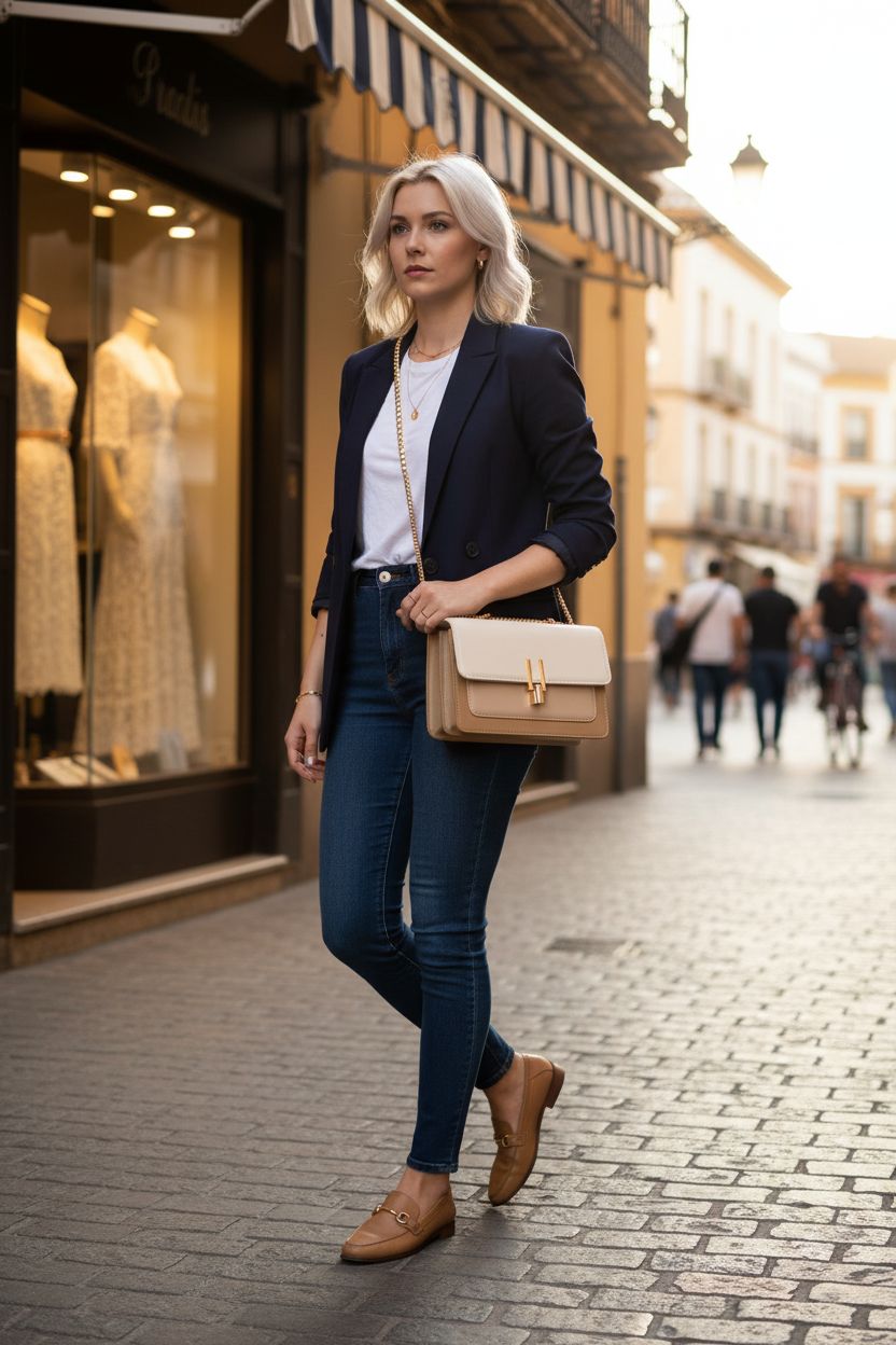TOP BAND cream and tan crossbody bag showcased on a sunny street, paired with a navy blazer.