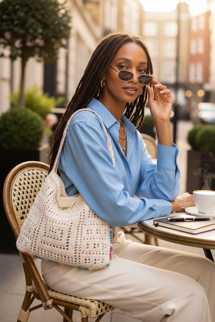 Beige crochet crossbody bag by QWINEE rests beside a cappuccino on a sunlit terrace.