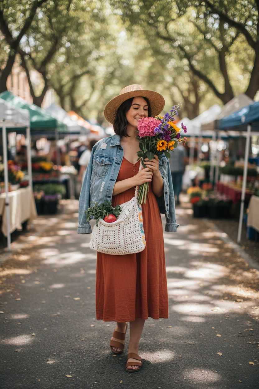 QWINEE beige crochet bag swings crossbody while carrying market finds at a farmers market.