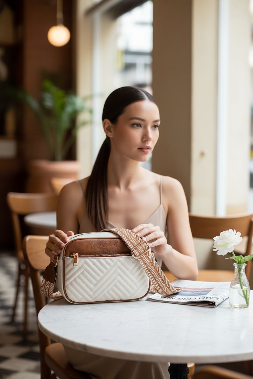 BOSTANTEN vegan leather crossbody bag on a café table, showcasing elegant design.
