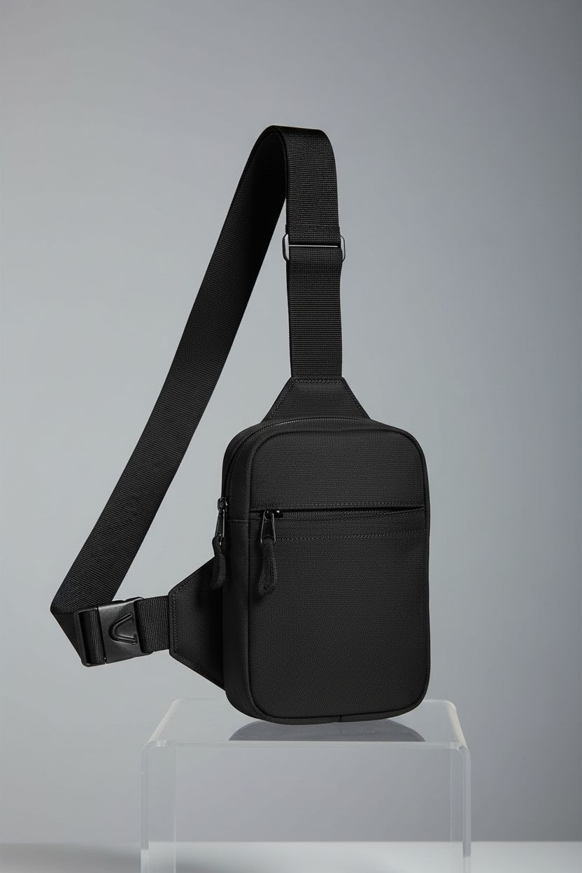 Close-up of Simptech mini crossbody bag highlighting its water-resistant fabric and quick-release buckle.