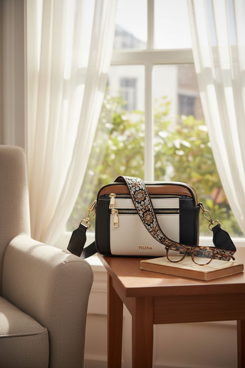 Telena crossbody bag in a cozy reading nook, paired with glasses and a book, showcasing its design.