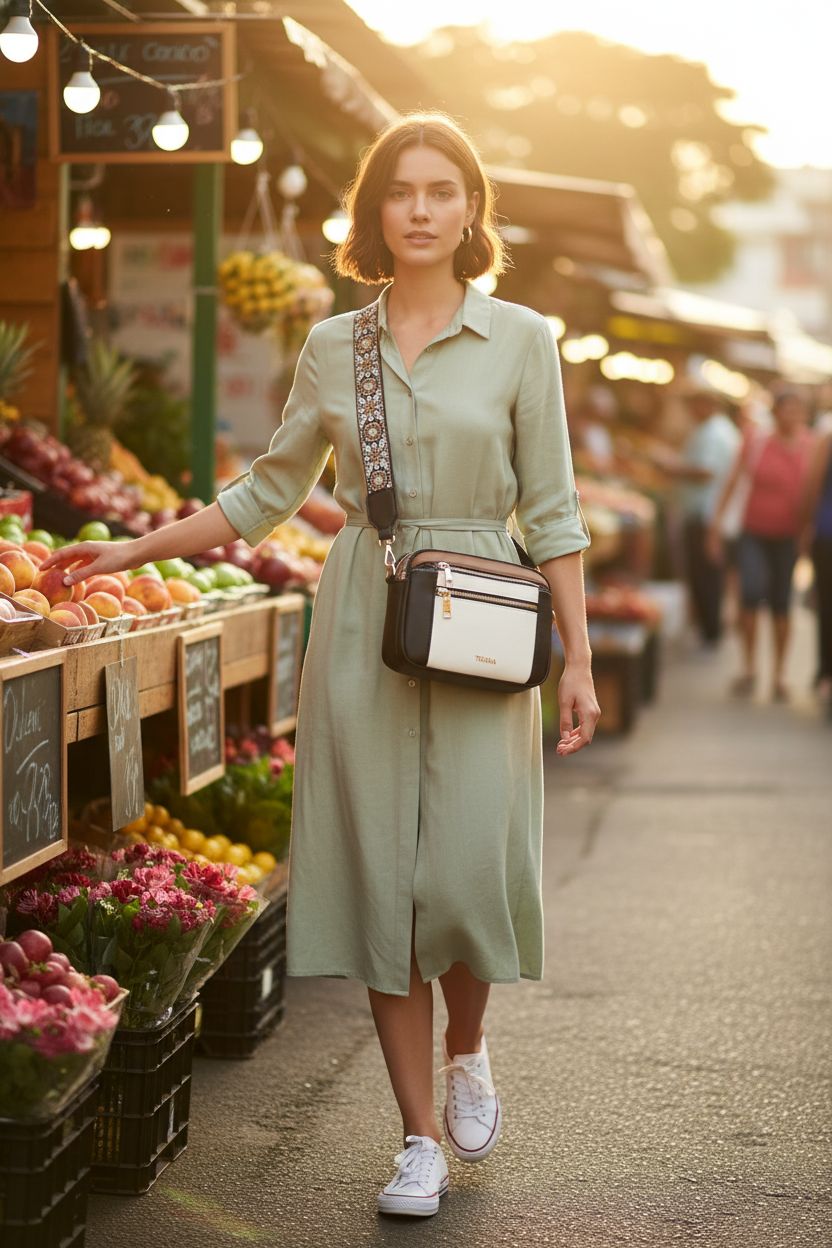 Telena crossbody bag worn effortlessly at a farmers market, perfect for hands-free shopping.