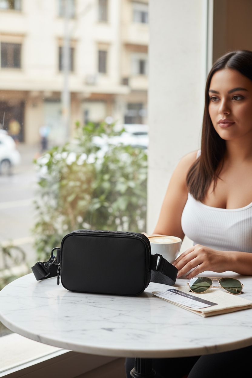 WITROMAN black crossbody bag resting on a marble table, ideal for travelers and coffee lovers.