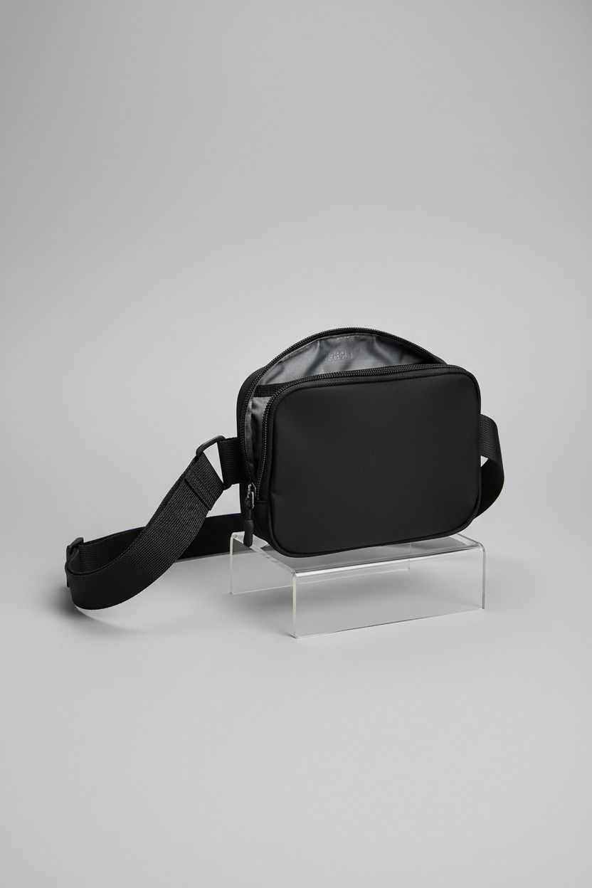 Product shot of WITROMAN black crossbody bag highlighting its sleek design and zipper features.