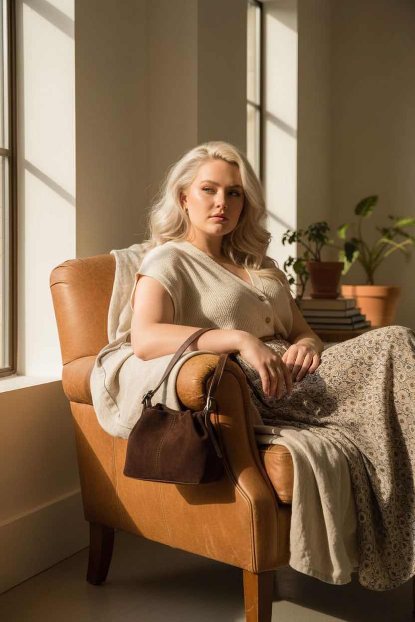 Cozy living room scene with KeAiDMon suede drawstring bucket bag on armrest