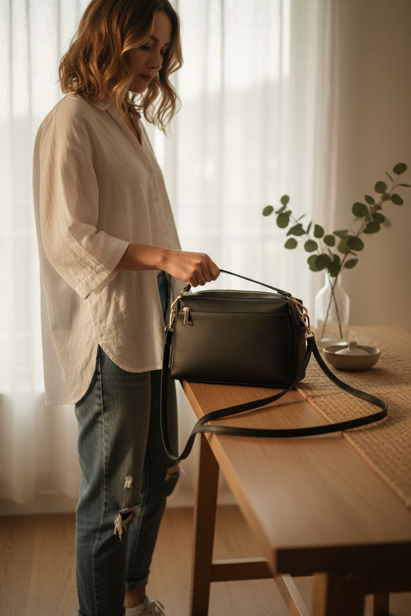 FashionPuzzle black crossbody purse placed on an oak console, enhancing a cozy apartment entryway.