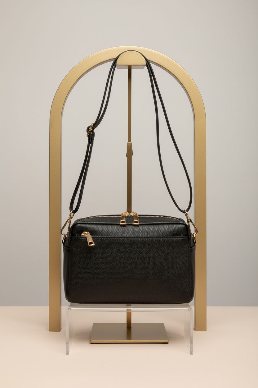 FashionPuzzle black crossbody purse displayed on acrylic riser, highlighting its sleek design.