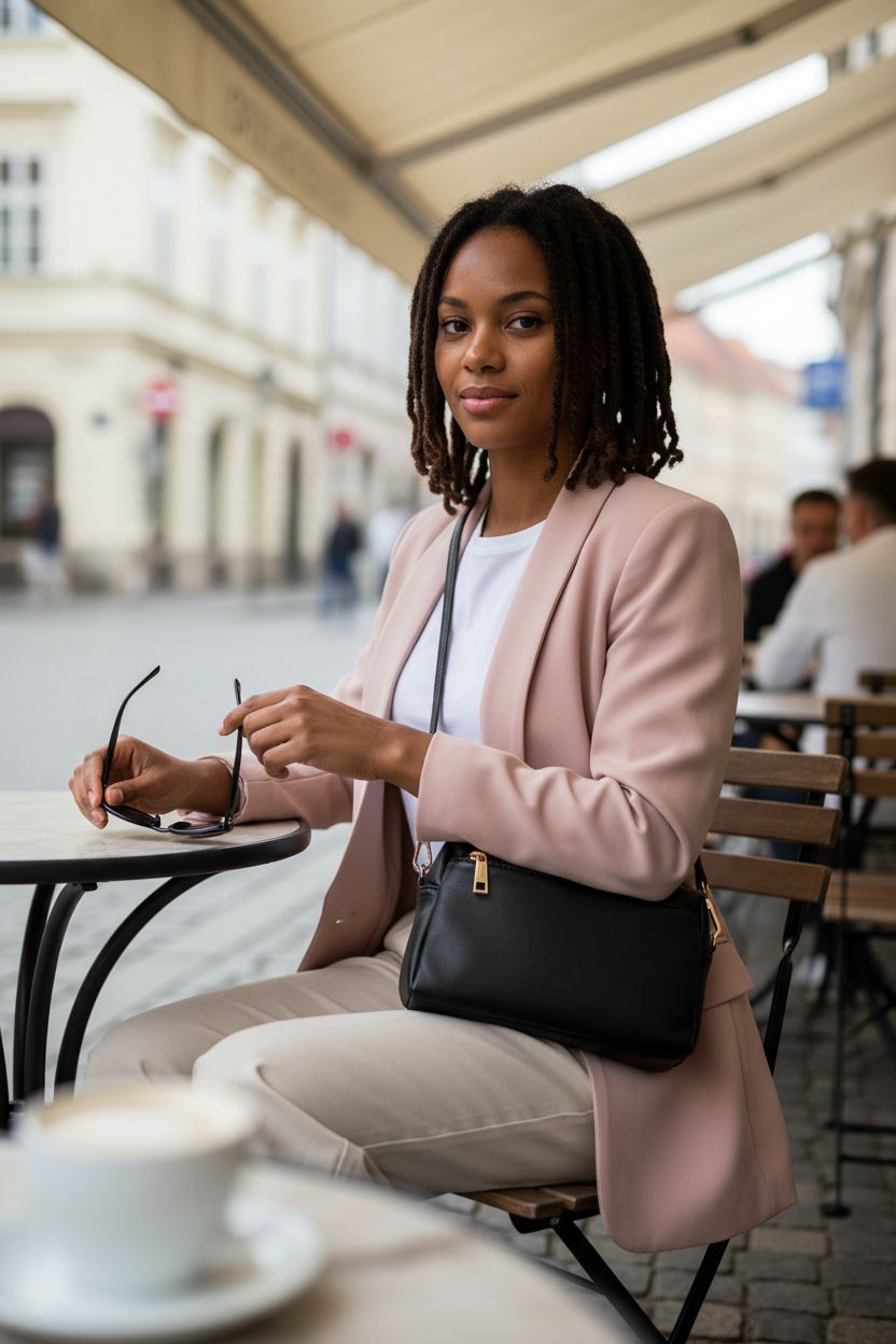 FashionPuzzle black crossbody purse resting on a lap at a café, showcasing its stylish design.