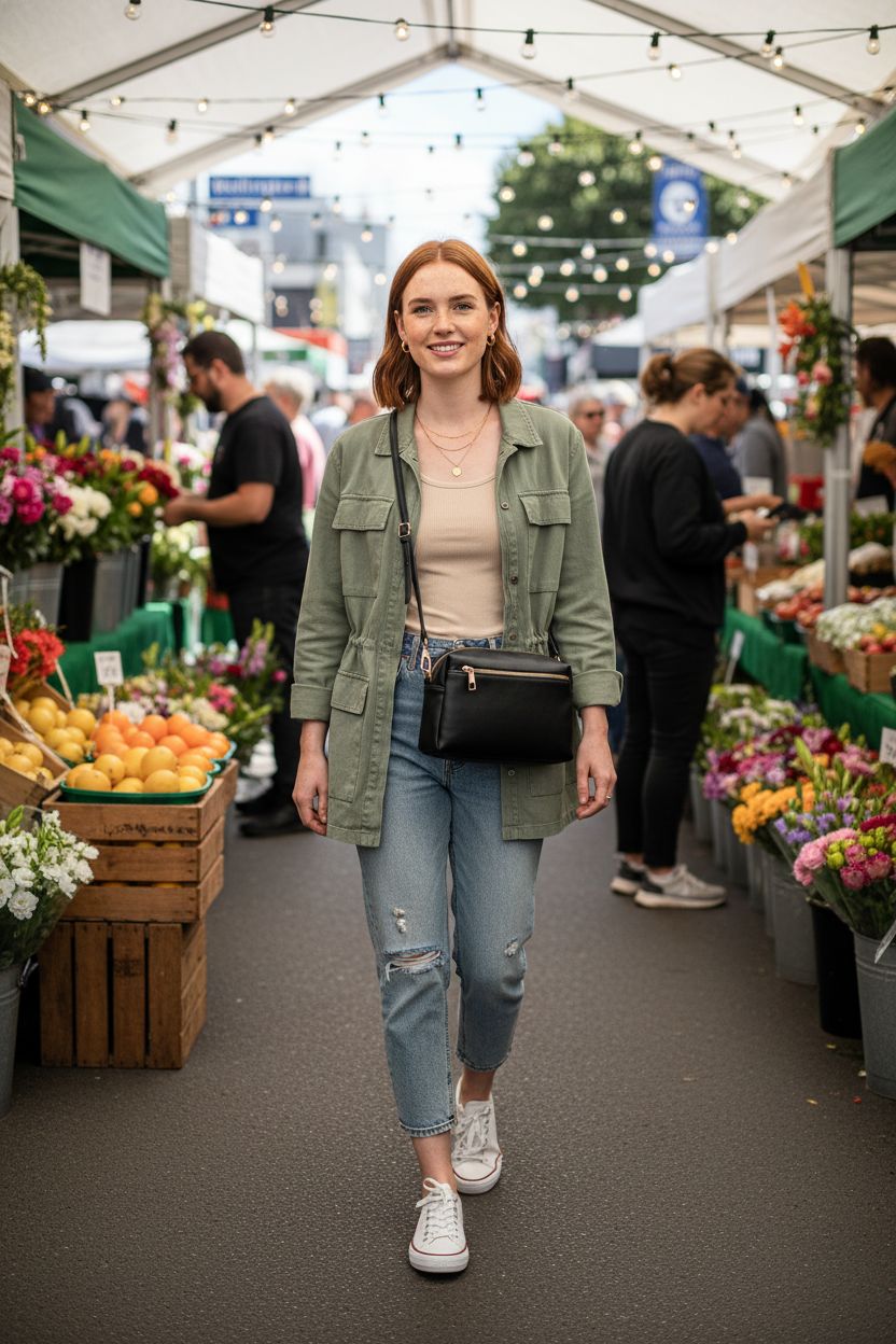 FashionPuzzle black crossbody bag seen at a vibrant farmers market, highlighting its versatile style.