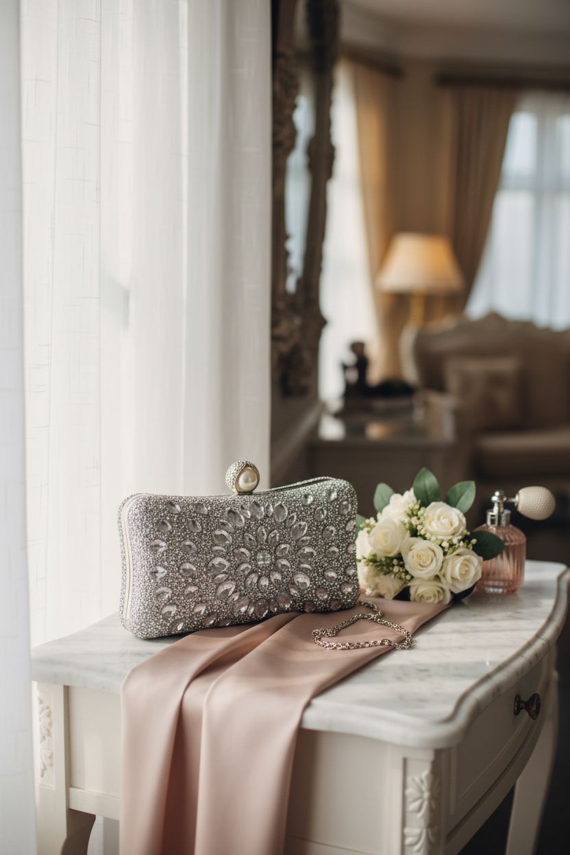 Charming Beaguful crystal clutch on a bridal suite vanity with silk ribbon and flowers.