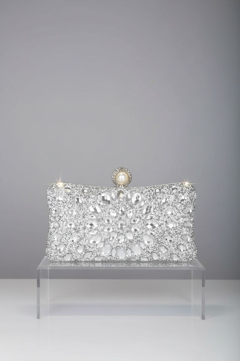 Detailed view of Beaguful silver rhinestone clutch on a sleek studio backdrop emphasizing craftsmanship.