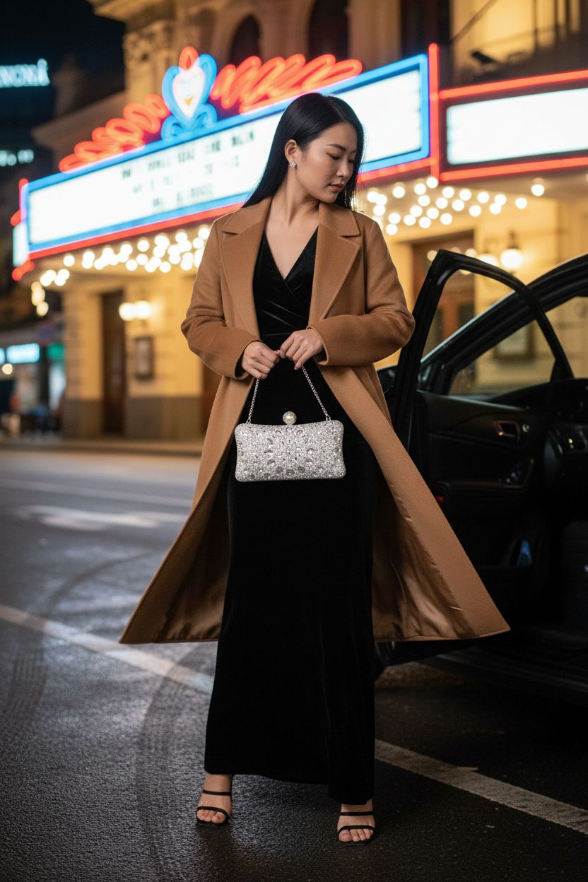 Sophisticated Beaguful silver crystal purse styled with a velvet gown outside a historic theater.