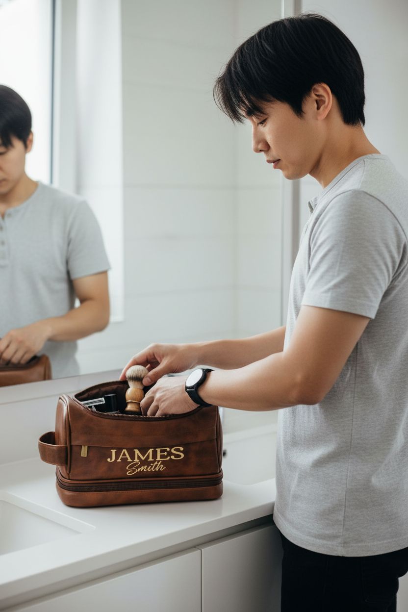 Custom leather toiletry bag by PUREFLY organized with grooming essentials in a bathroom.