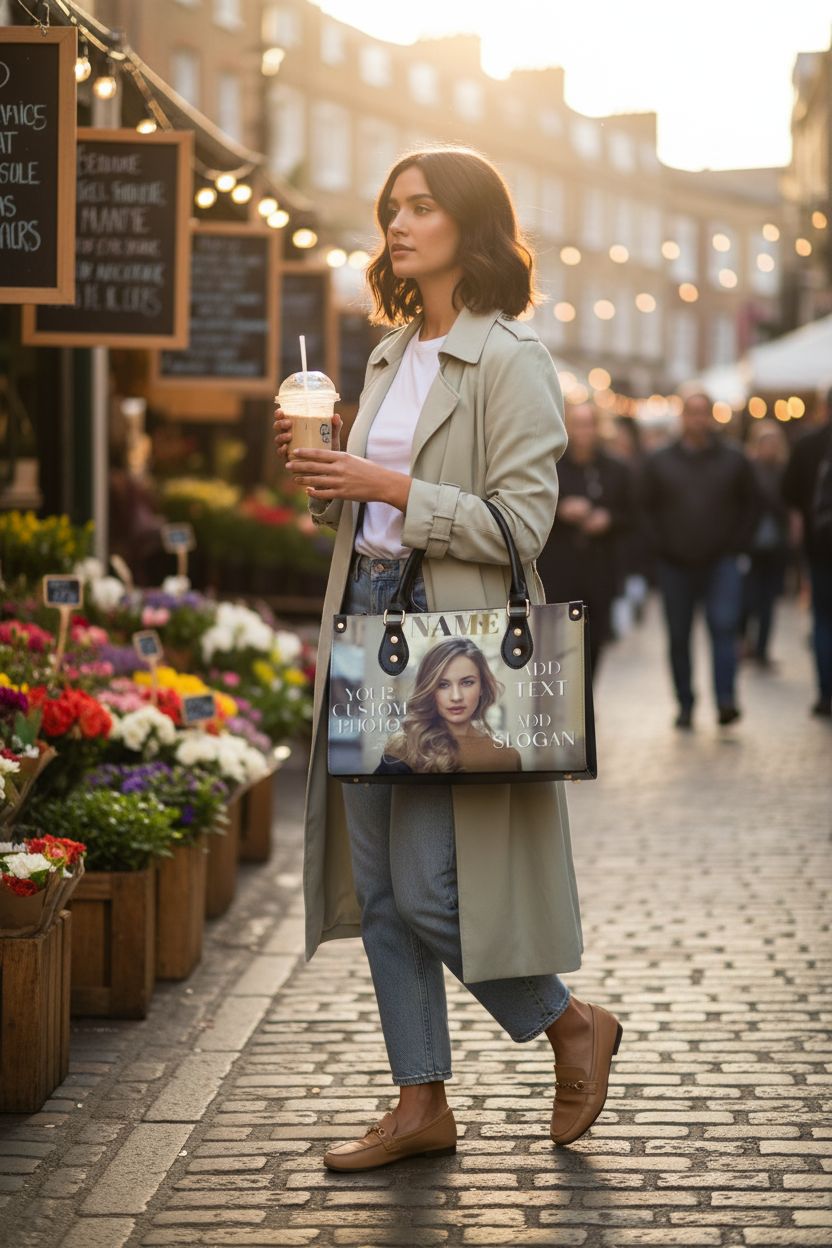 Custom photo purse by Sharecolor swinging crossbody at a market, stylish and functional.
