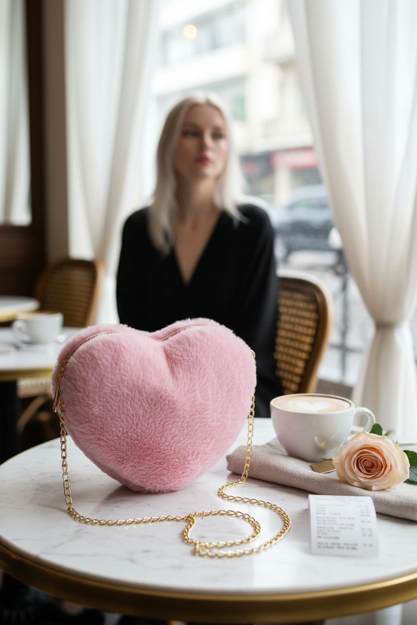 Miayon pink heart purse resting on a marble table with a latte and rose.