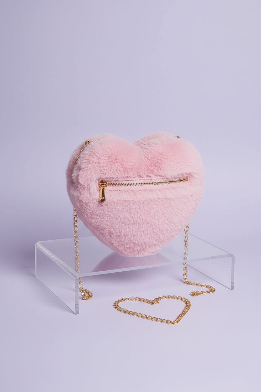 Miayon pink heart shaped faux fur purse displayed on a pastel background.
