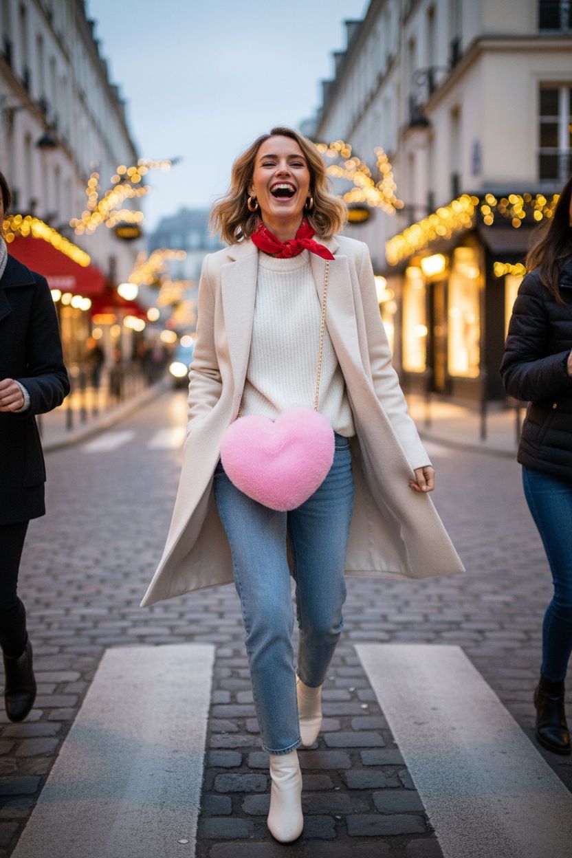 Miayon heart shaped faux fur purse in pink swinging crossbody on a boutique street.