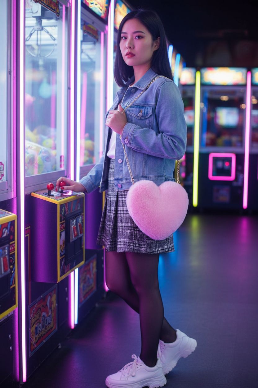 Miayon pink heart bag on a shoulder at a retro arcade with neon lights.