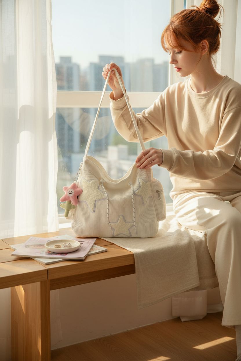 KAMEILONG star crossbody bag placed on a bench in a sunny bedroom nook.