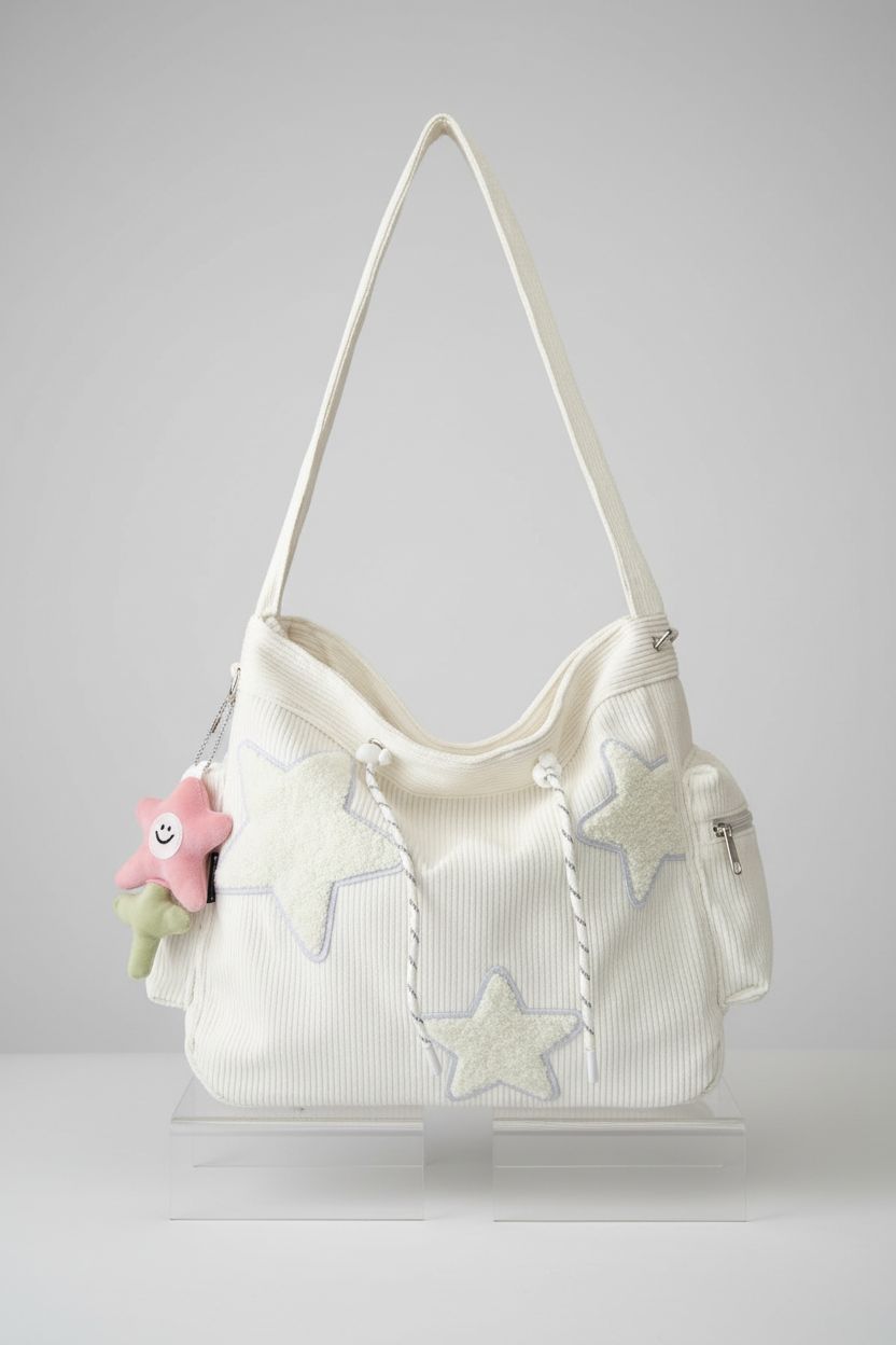 KAMEILONG white corduroy star crossbody bag displayed on a gray backdrop.