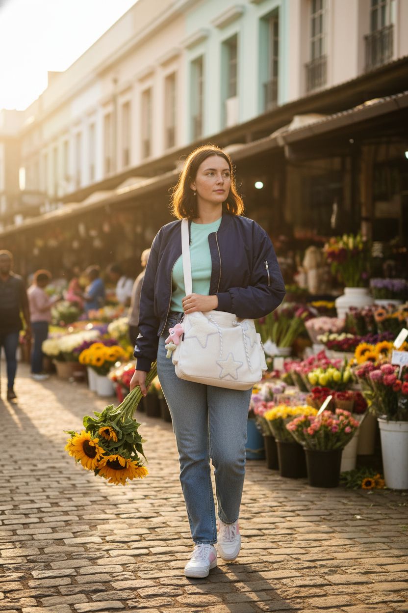 KAMEILONG cute white corduroy star crossbody bag in a flower market setting.