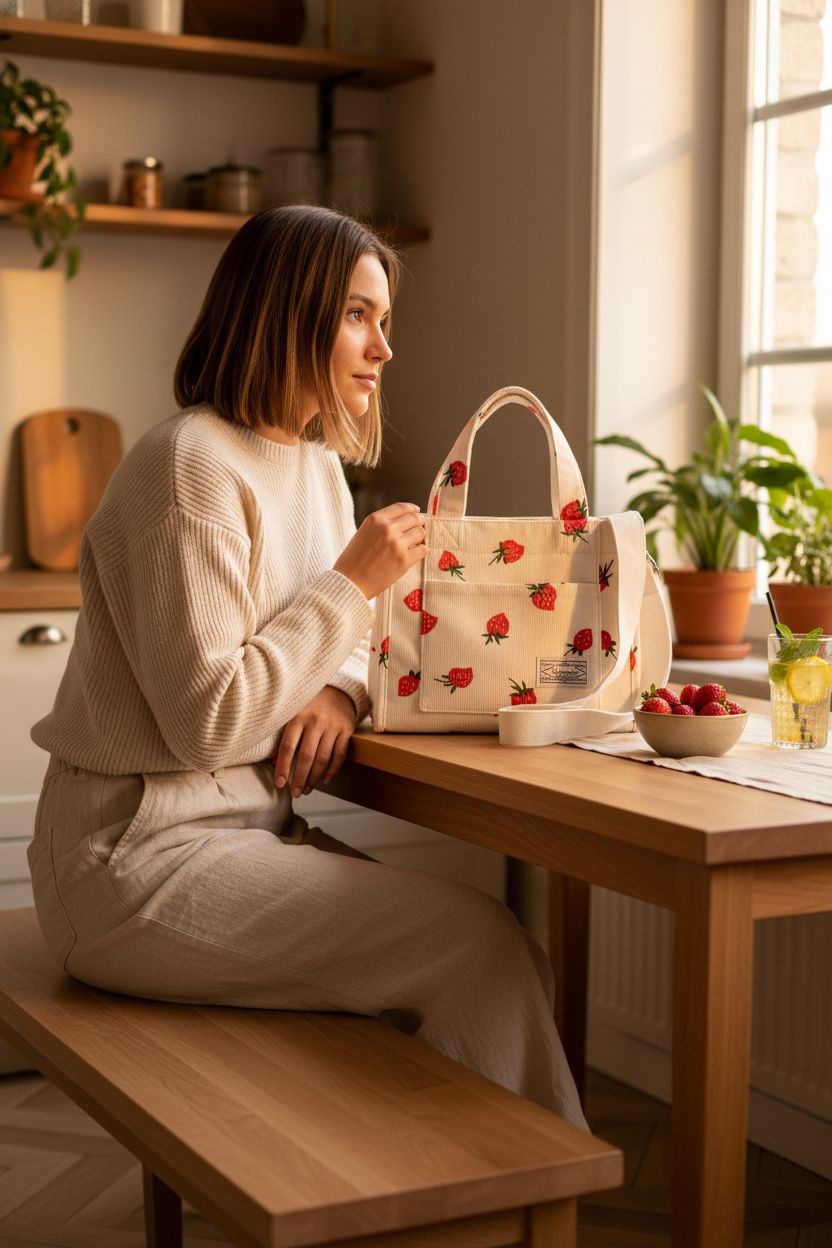 UERRUAM corduroy tote bag beside a cozy kitchen setting with iced tea.