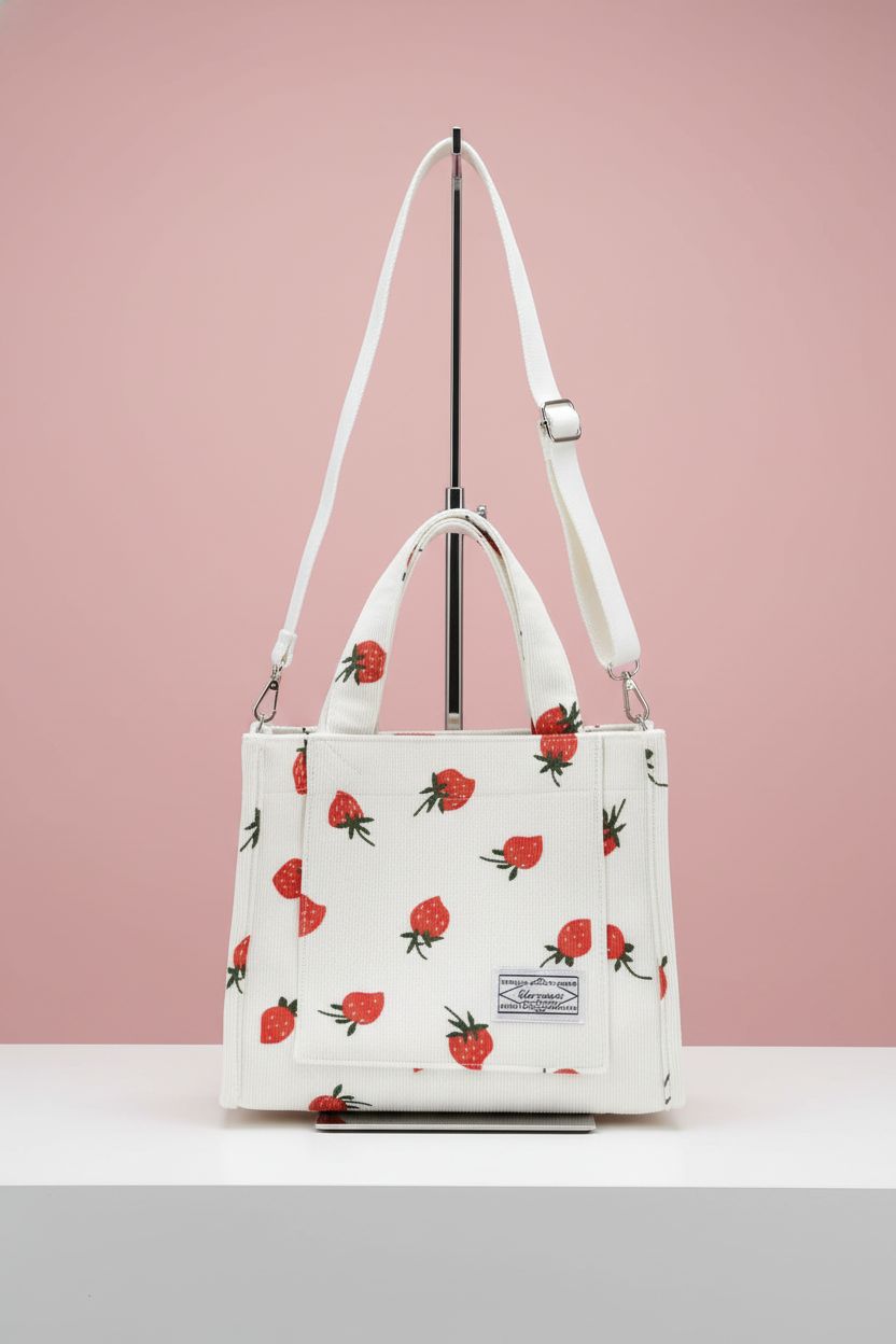 UERRUAM strawberry-print tote bag displayed on a clean editorial set.