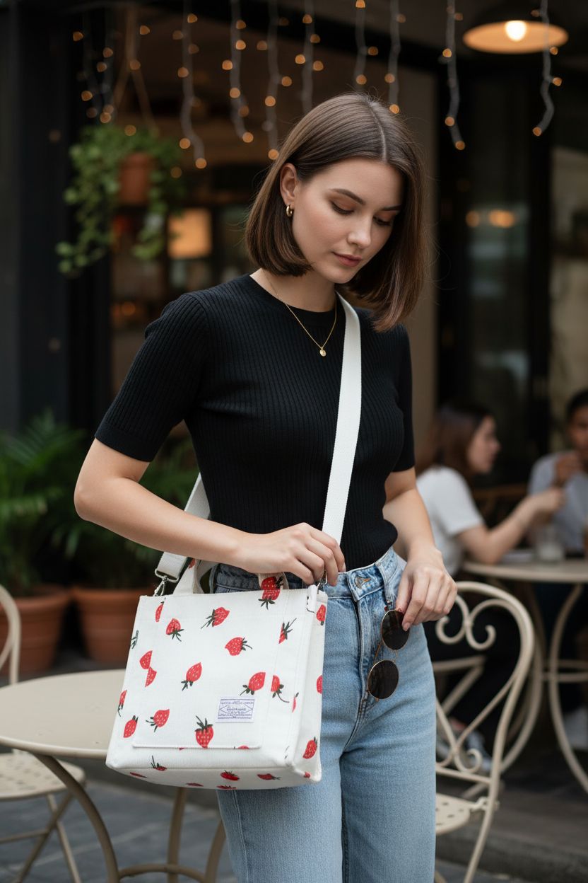 UERRUAM lightweight crossbody purse with adjustable strap near a café patio.