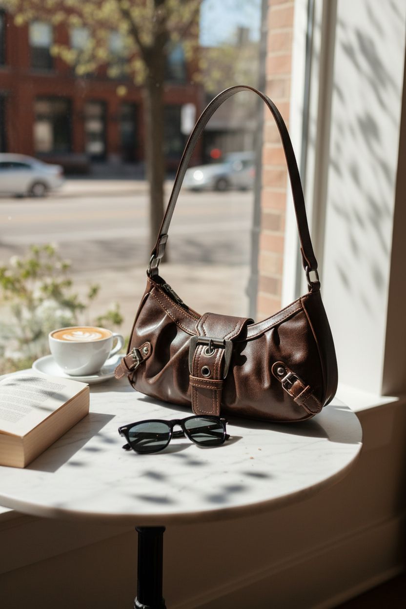 Verdusa hobo shoulder bag resting on a marble table, surrounded by a cozy café ambiance.