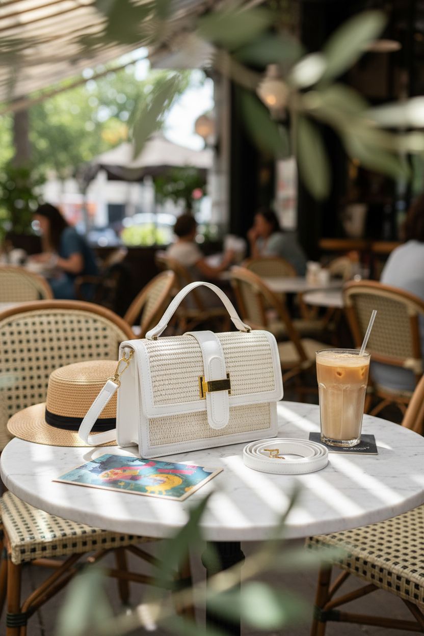 KKXIU Top Handle Straw Purse on a café table, evoking a Mediterranean summer vibe
