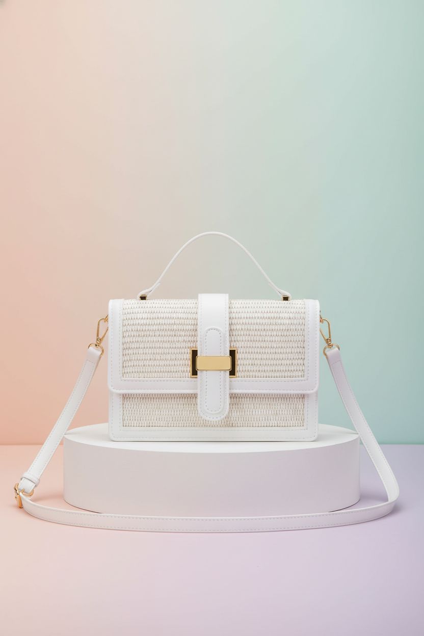 KKXIU Top Handle Straw Purse showcased against a pastel backdrop, highlighting its design