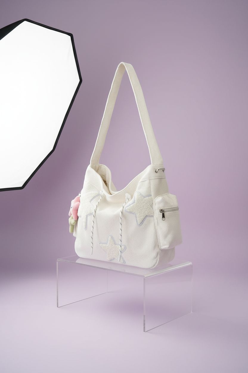 KAMEILONG white corduroy star tote bag showcased on a clean studio backdrop, highlighting its design.