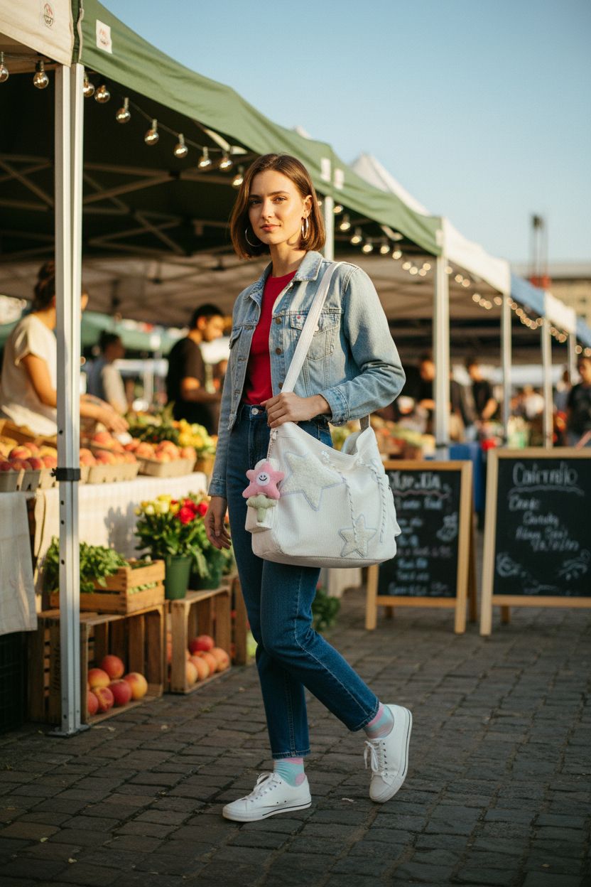 KAMEILONG cute corduroy tote bag in white at a farmer's market, perfect for casual outings.