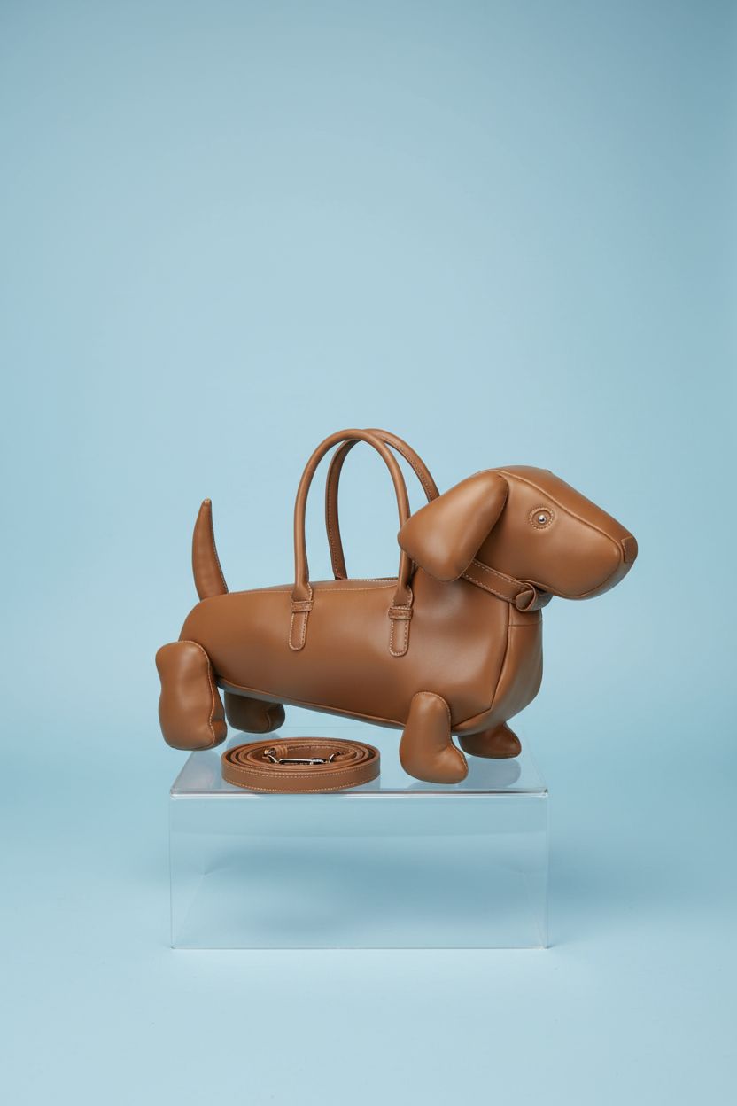 Dachshund purse by generic displayed on a pastel blue background, highlighting its quality design.