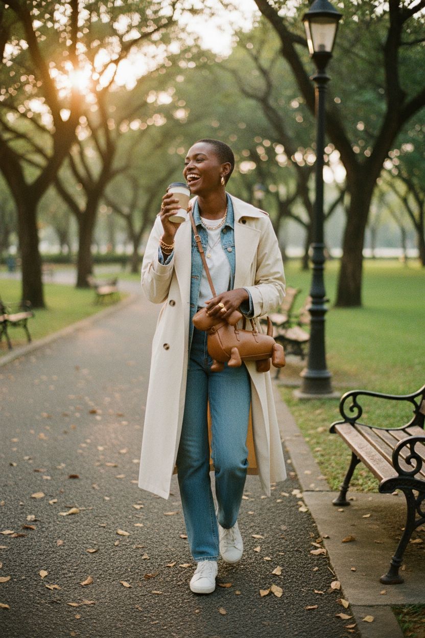 Camel-brown dachshund purse by generic, stylish crossbody bag against a cream trench coat.