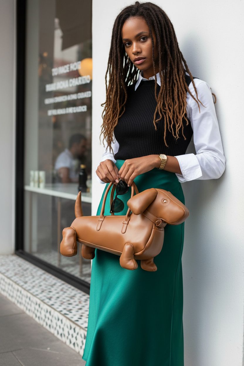 Stylish black dachshund purse by generic, paired with cool-toned fashion at a café.