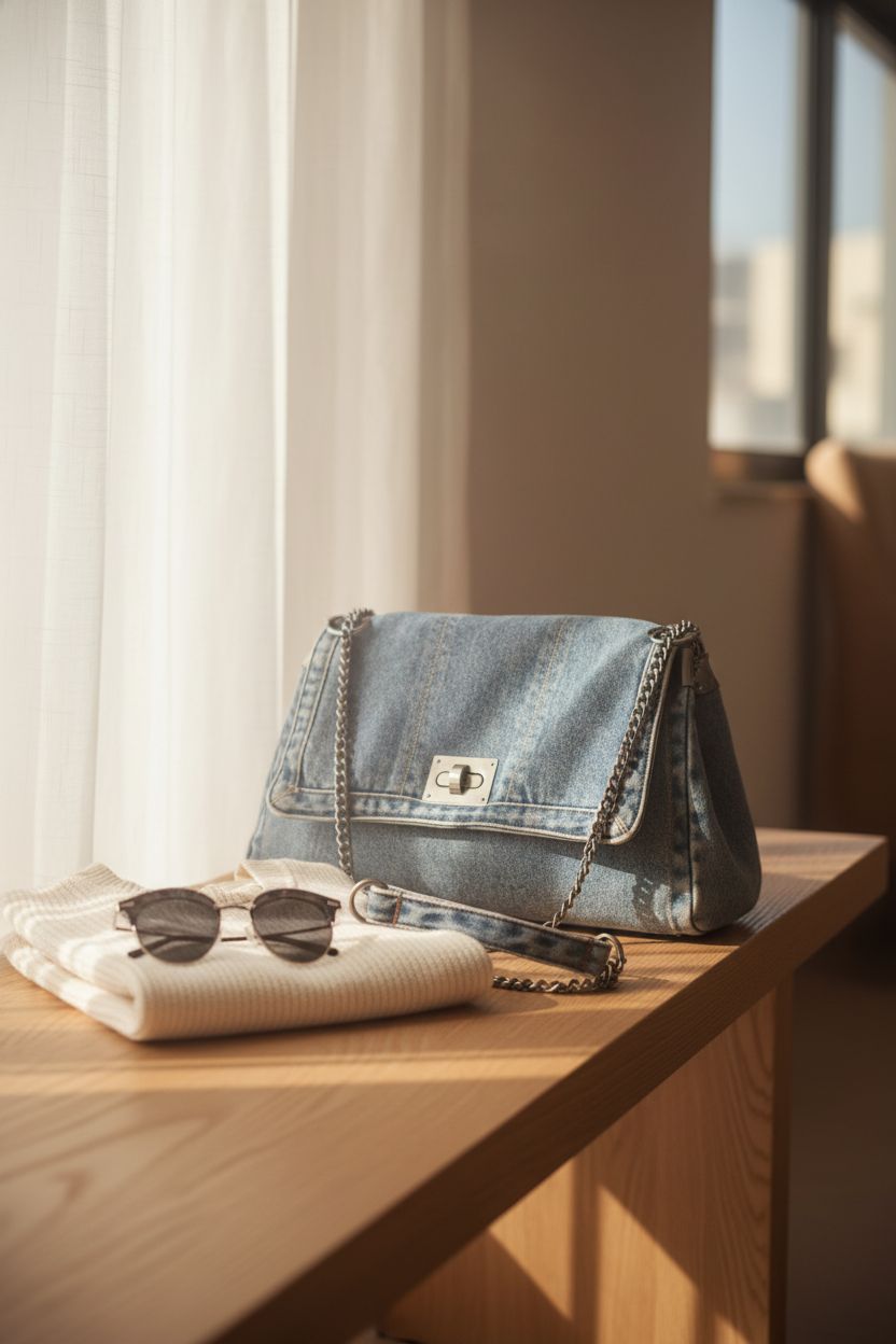 KlaOYer denim bag resting on a bench with soft morning light highlighting its texture