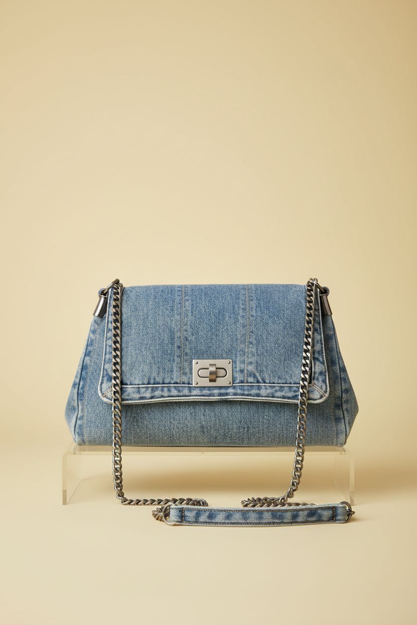 Close-up of KlaOYer denim shoulder bag on a yellow background showcasing its features