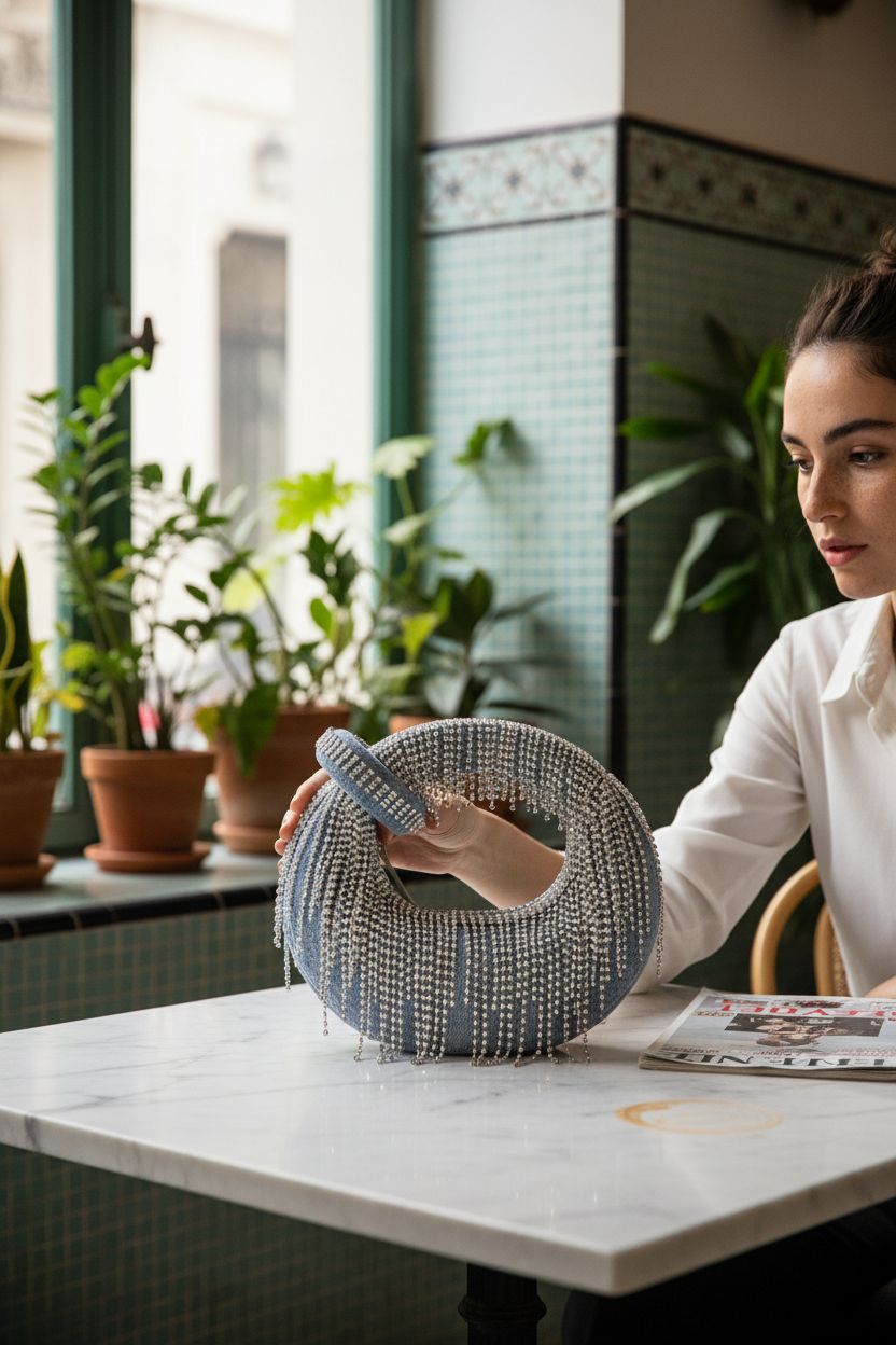 JW PEI denim mini bag in sunlit café setting with marble table