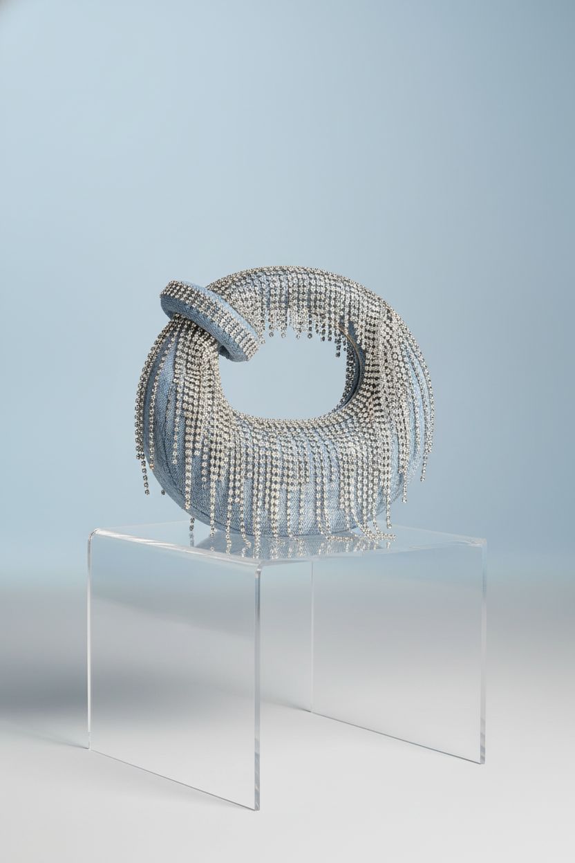 JW PEI denim mini bag displayed on acrylic plinth with soft lighting