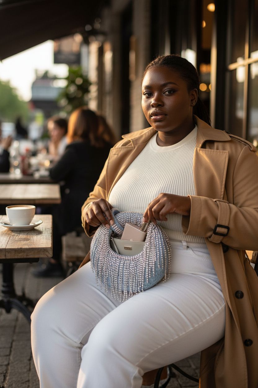 JW PEI denim mini bag on café terrace, showcasing interior details