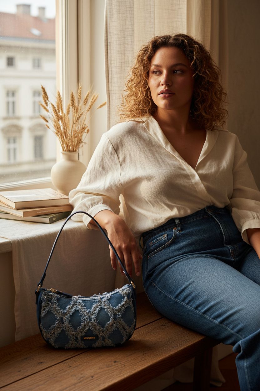 Missnine Denim Purse resting on a rustic surface in a cozy apartment setting