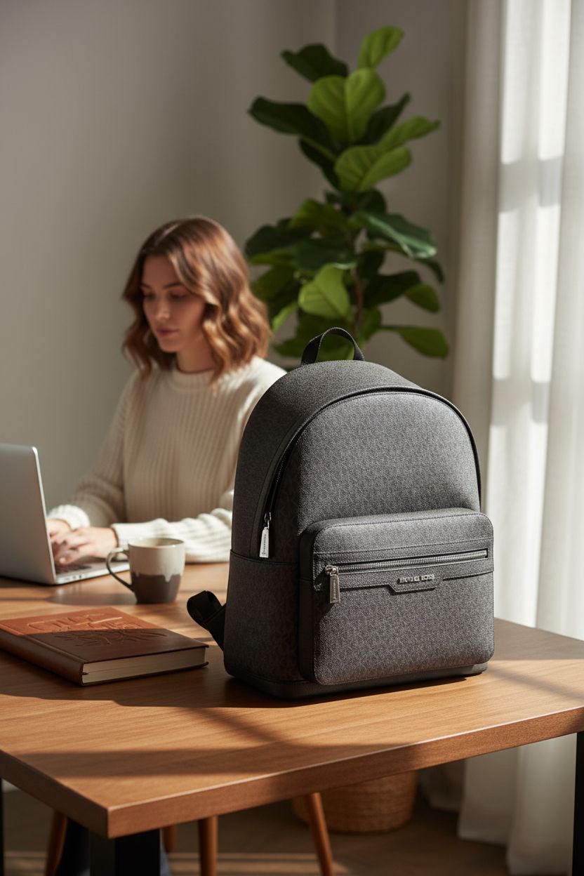 Michael Kors Malone Backpack on a warm walnut desk in a cozy home office, paired with leather notebook and espresso.