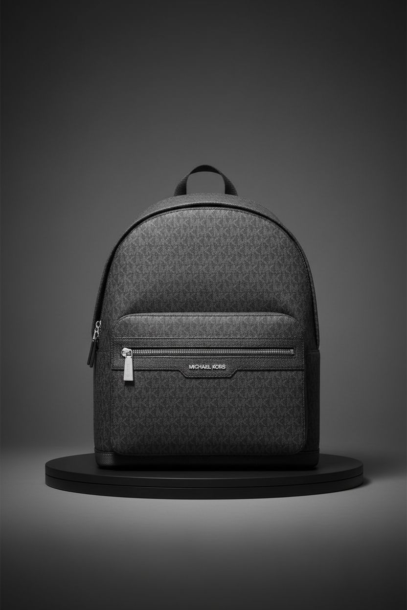 Product shot of Michael Kors Men's Malone Backpack on a charcoal backdrop, showcasing structured shape and logo details.