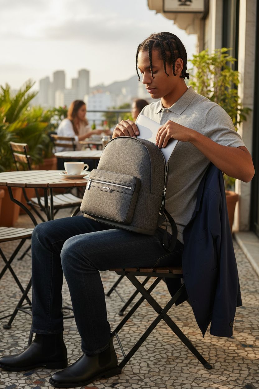 Michael Kors Men's Malone Backpack in black on a café terrace, showcasing tech compartment and zip pocket.