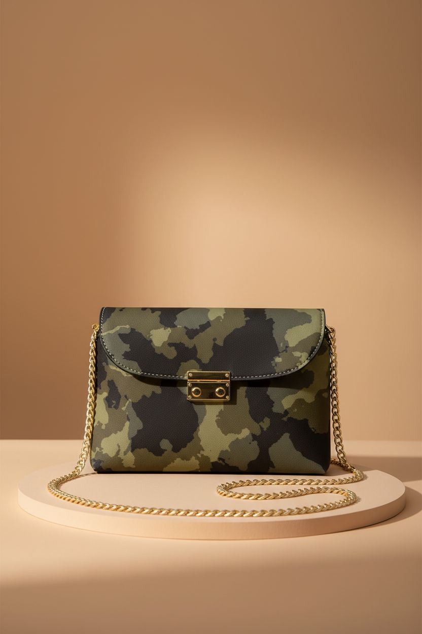Jolamirel designer camo purse showcasing detailed craftsmanship and materials