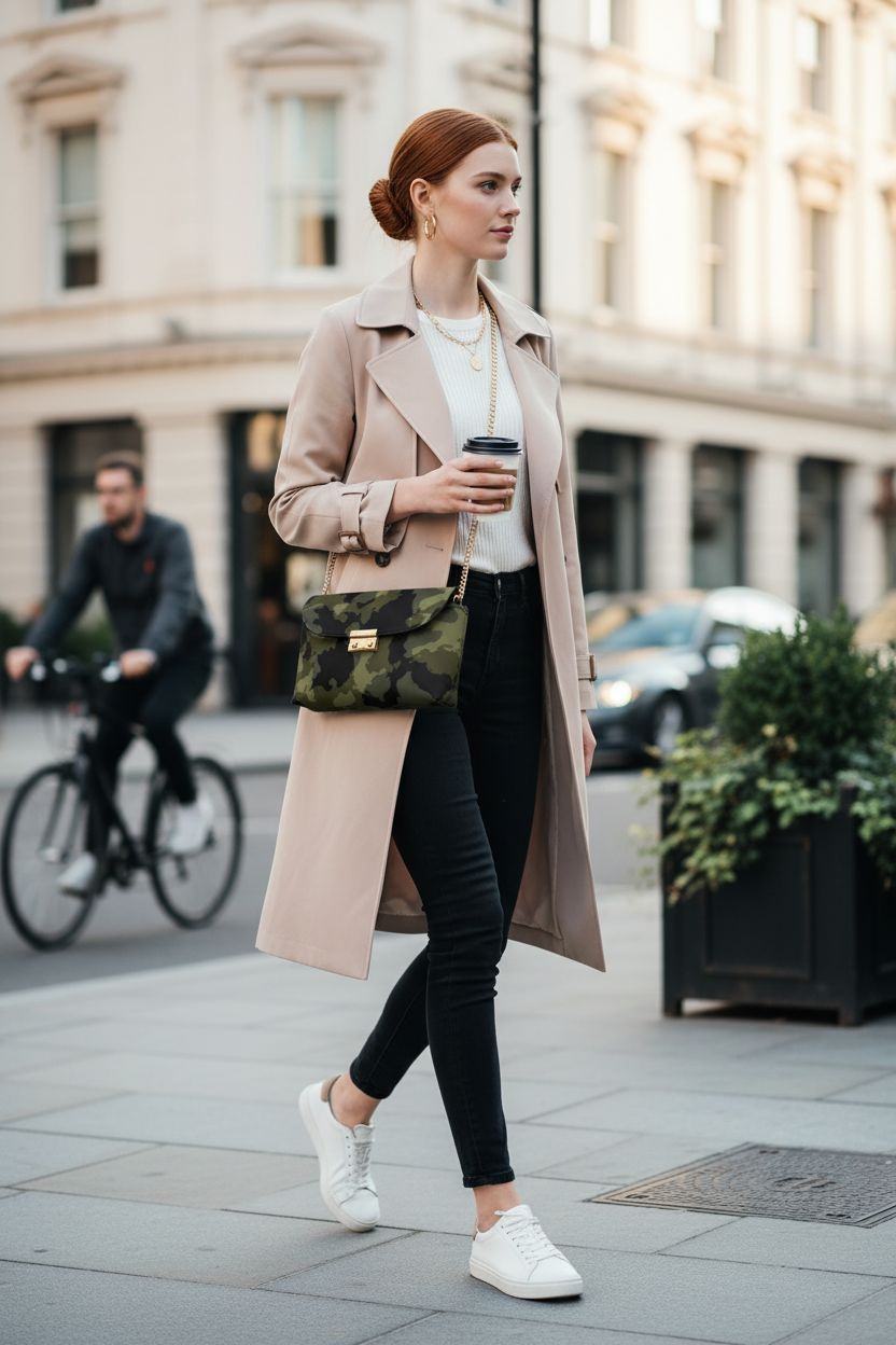 Jolamirel designer camo purse worn crossbody with chain, stylish urban setting